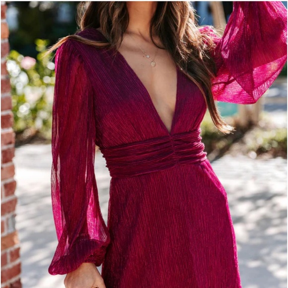 Loretta Plisse Metallic Balloon Sleeve Maxi Dress - Berry / XL - Picture 10 of 11